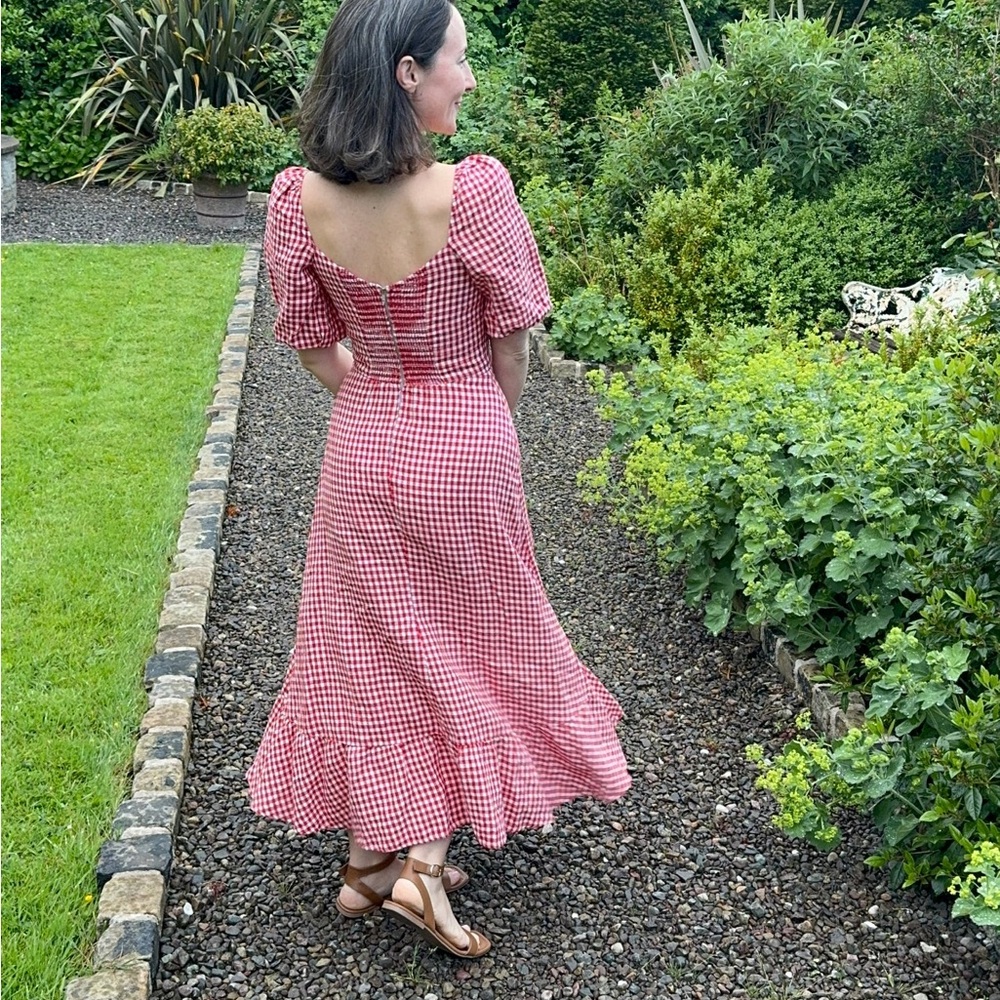 REFORMATION Red Gingham Check Puff Sleeve Cottagecore Linen Belgium Midi Dress - Picture 12 of 16